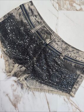 Y2K Crafted Sequin Micro Jean Shorts Sz 8 Punk Whimsigoth Grunge Trendy